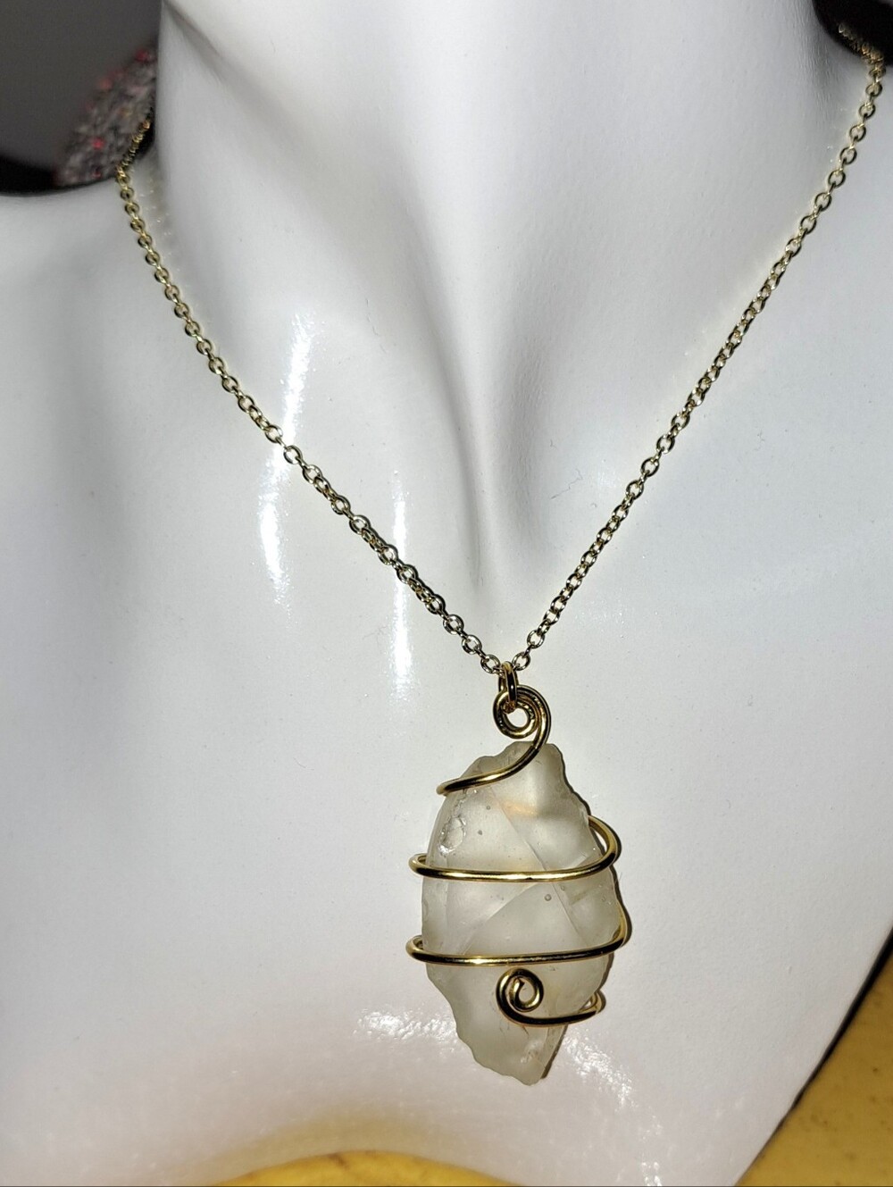 Gold Wire-Wrapped Sea Glass Pendant Necklace 14K Gold Filled Chain